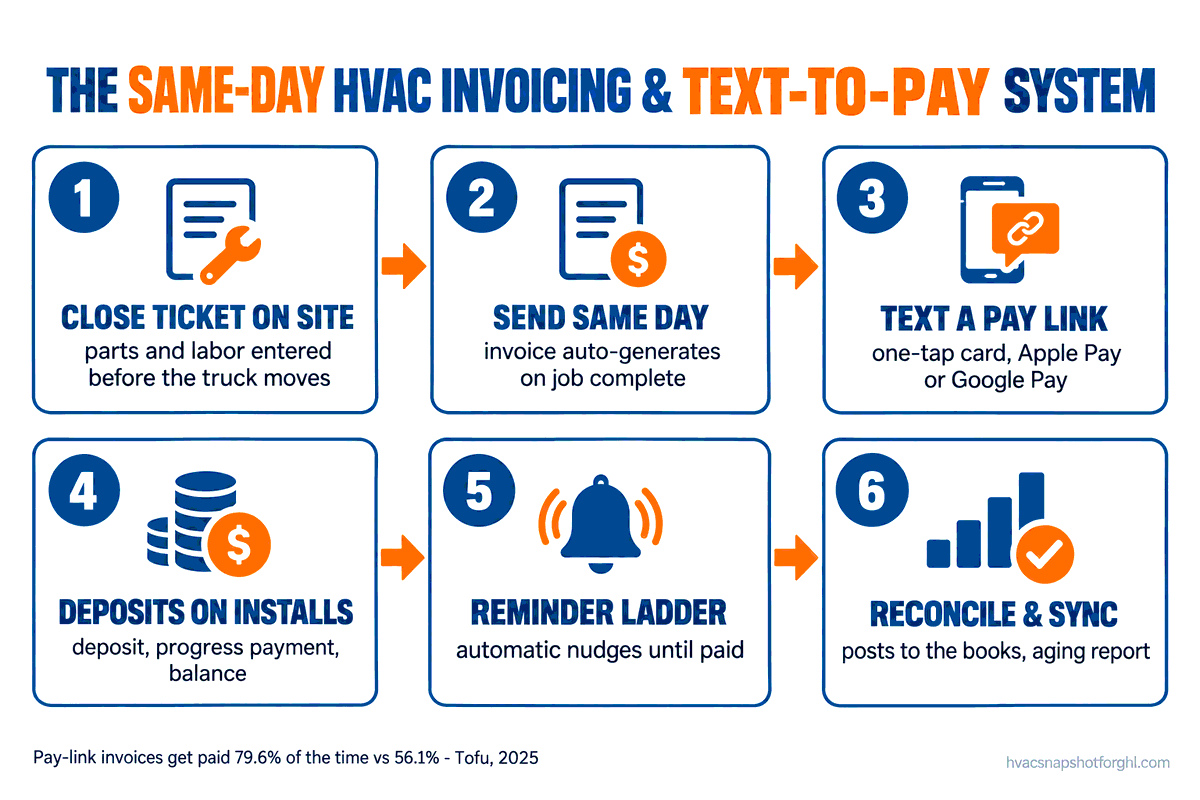 Process flow diagram of the same-day HVAC invoicing and text-to-pay system: six numbered steps - close the ticket on site, send the invoice same day, text a one-tap pay link, collect deposits and progress payments on installs, run an automated reminder ladder, then reconcile and sync to the books. Footnote: pay-link invoices get paid 79.6% of the time versus 56.1%, Tofu 2025.