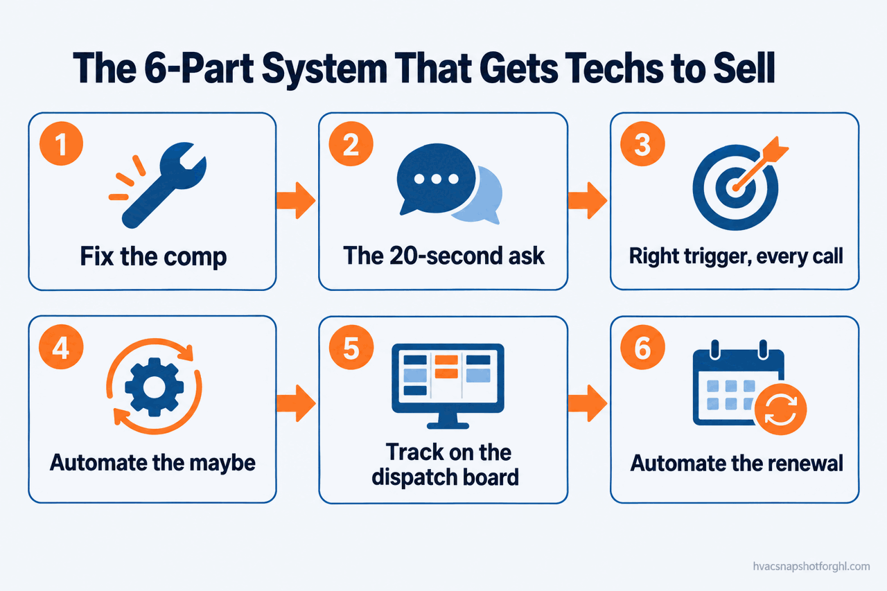 Process flow diagram of the six-part system that gets HVAC techs to sell maintenance plans: fix the comp, give them the 20-second ask, fire the ask at the right trigger, hand the maybe to automated follow-up, track plan-offered on the dispatch board, and automate the renewal