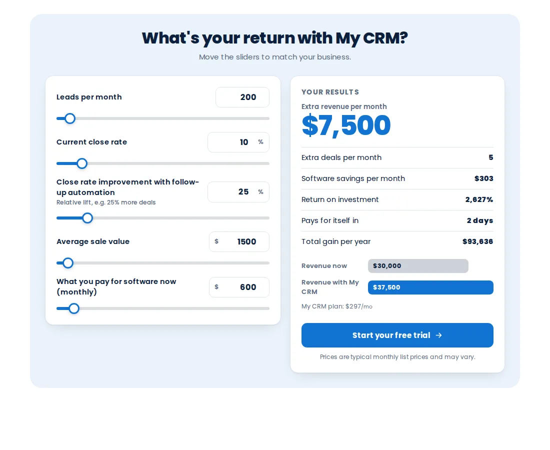 ROI calculator template with sliders and live totals