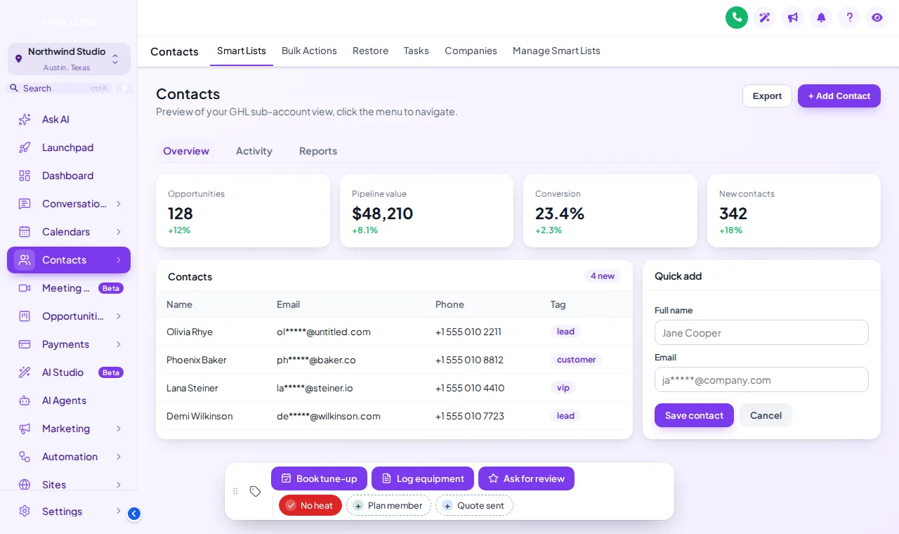 GoHighLevel contact record with a quick tag and action button bar at the bottom