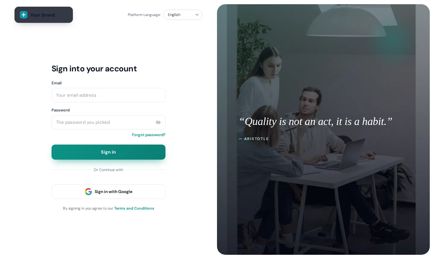 GoHighLevel login page with the Editorial design: sign-in form left, photo and rotating quote right