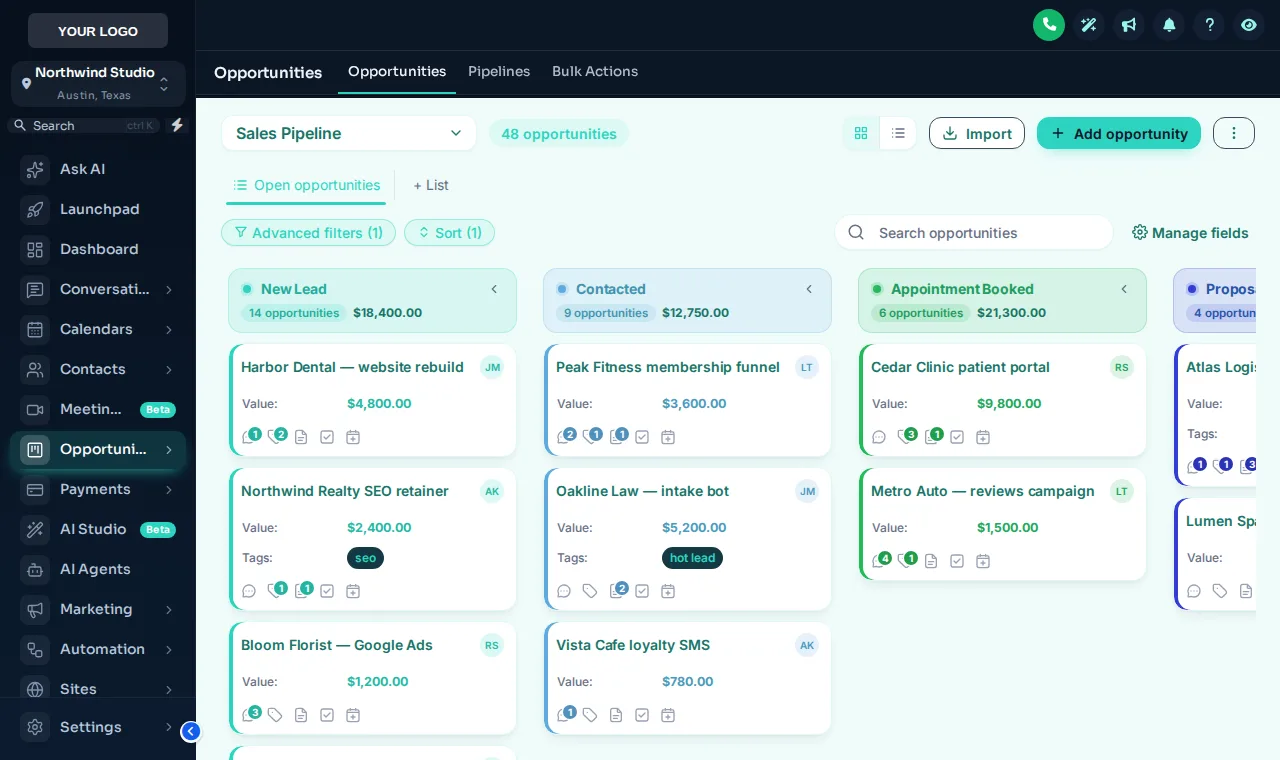 GoHighLevel opportunities board with the Brand Match pipeline design in mint stage colors