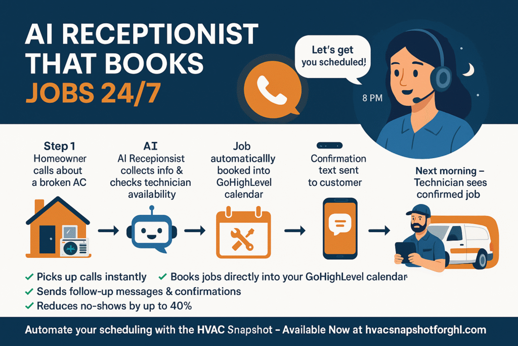 Discover how the GoHighLevel HVAC Snapshot automates booking, reduces no-shows, and helps HVAC teams schedule jobs faster and smarter.